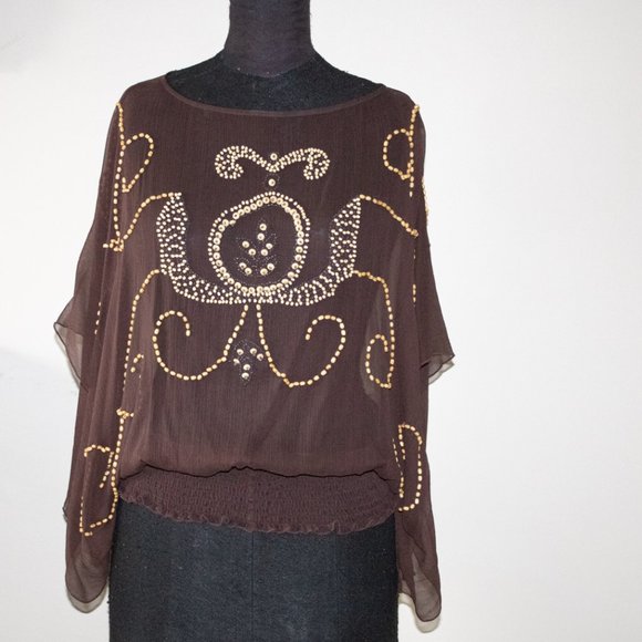 Brown Silk Blouse Boho Top L Beaded Front - Picture 2 of 5